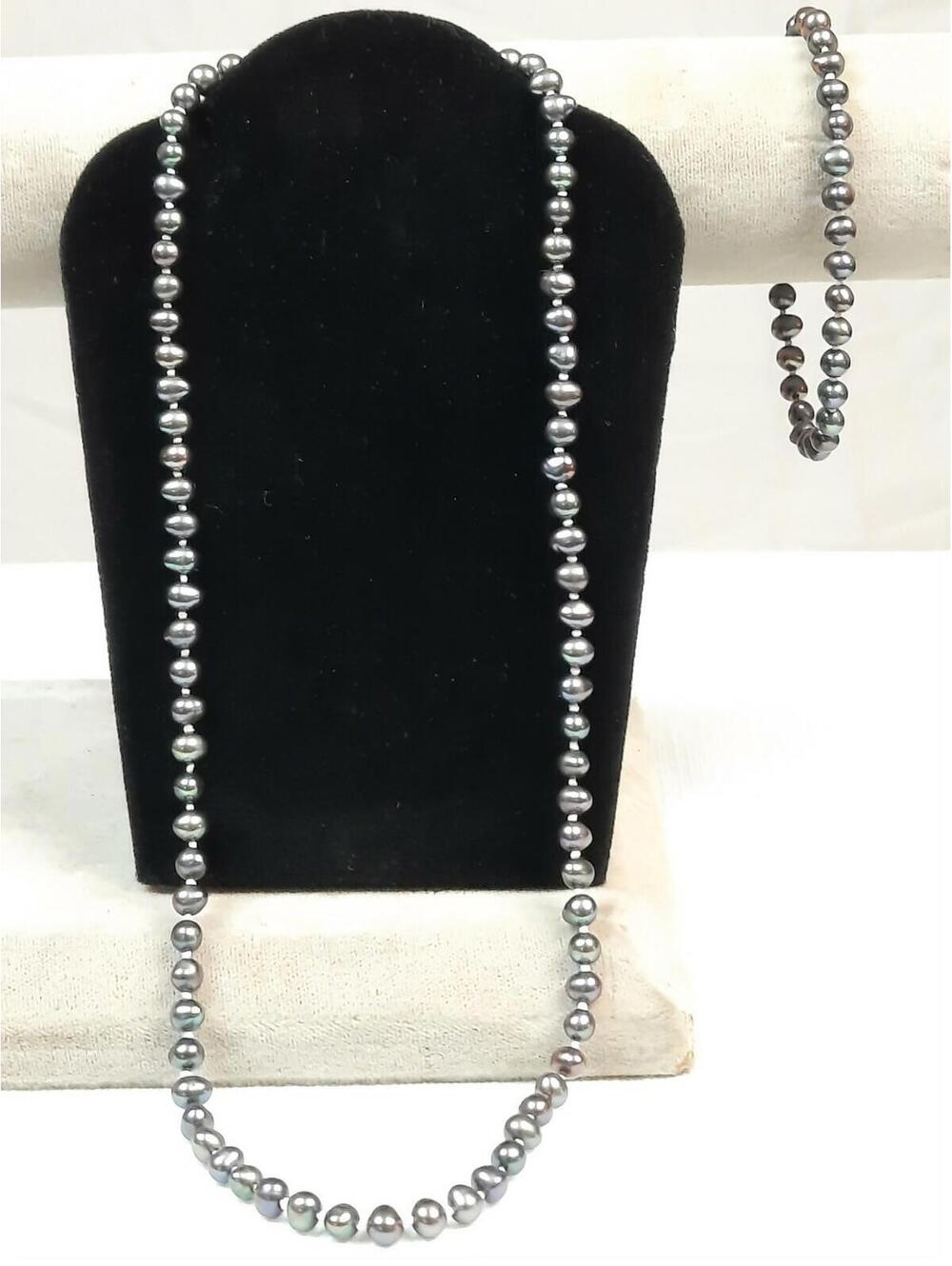 Vintage 925 Sterling Silver Multicolor 18" Pearl Necklace & 7" Bracelet Set